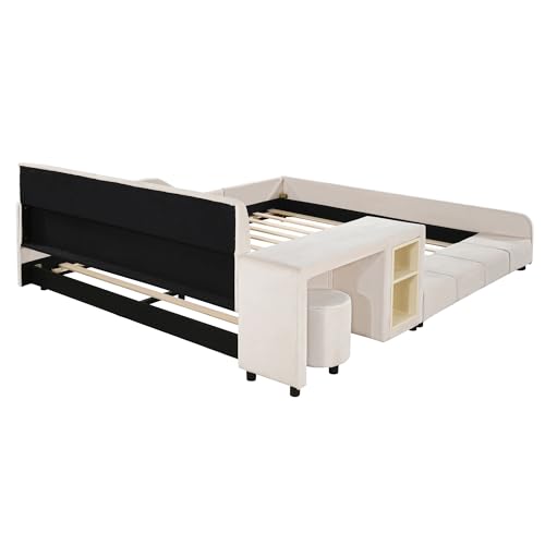Merax Queens Size Velvet Bed Frames Upholstered Grounded Bed, Wooden Mother & Child Bed with Bedside Desk and Little Round Stool,Kids Adults Bedroom Floor Platform Bed,Beige Merax