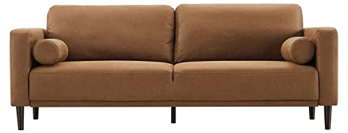 HIFIT Sofa Couches, 79” Mid-Century Modern Couch, Breathable Faux Leather Couch with Upholstered Cushions/Pillows, 3-Seat Sofas & Couches, for Living Room Apartment Office, Brown