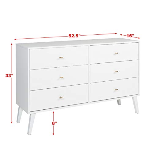 Prepac Milo Mid-Century 6 Drawer Double Dresser For Bedroom, 16" D x 52.50" W x 33" H, White Prepac