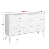 Prepac Milo Mid-Century 6 Drawer Double Dresser For Bedroom, 16" D x 52.50" W x 33" H, White Prepac