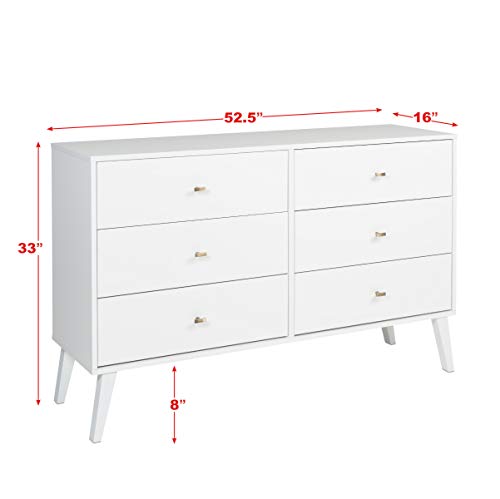 Prepac Milo Mid-Century 6 Drawer Double Dresser For Bedroom, 16" D x 52.50" W x 33" H, White - WoodArtSupply