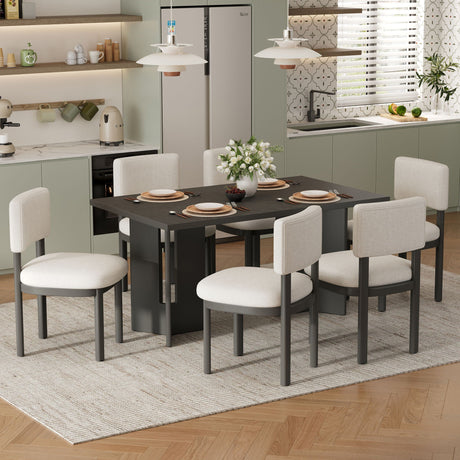 Dining Table Set With 6 Upholstered Chairs, Rectangular Table With Cutout Legs HouseOfZazla