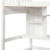 Merax Twin Loft Bed with Desk, Solid Wood Twin Size Loft Bed Frame with Shelves, White Merax