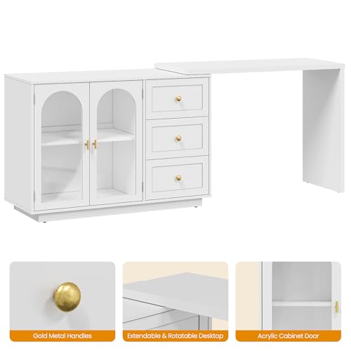 RoyalCraft 83” Large Makeup Vanity Desk, White Corner Vanity Table with 3 Drawer & 2 Door, Modern Extendable Dressing Table, Vanity Dresser Combo for Bedroom, Dressing Room (Without Mirror) RoyalCraft