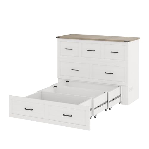 Merax Full Size Murphy Bed, Cabinet Bed with Charging Station, Multi-Functional Foldable Platform Bed with 1 Large Storage Drawer for Small Bedroom, White Merax
