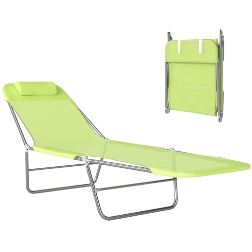 Outsunny Folding Chaise Lounge Pool Chairs, Outdoor Sun Tanning Chairs with Pillow, Reclining Back, Steel Frame & Breathable Mesh for Beach, Yard, Patio, Green