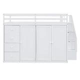 Ball & Cast Full Size Loft Bed with Storage Staircase & Safety Guardrail,Sturdy Wood Bedframe W/ 3 Cabinets & 4 Drawers,Built-in Wardrobes,Space Saving,for Boy Girl Kids Small Bedroom Dormitory,White Ball & Cast