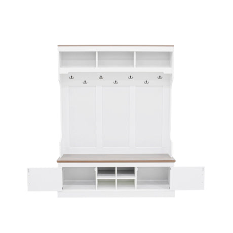 Hall Tree With Bench And Shoe Storage, 5 In 1 Entryway Organizer Cabinet With Coat Rack, 4 Shoe Cubbies & 7 Hooks - White HouseOfZazla