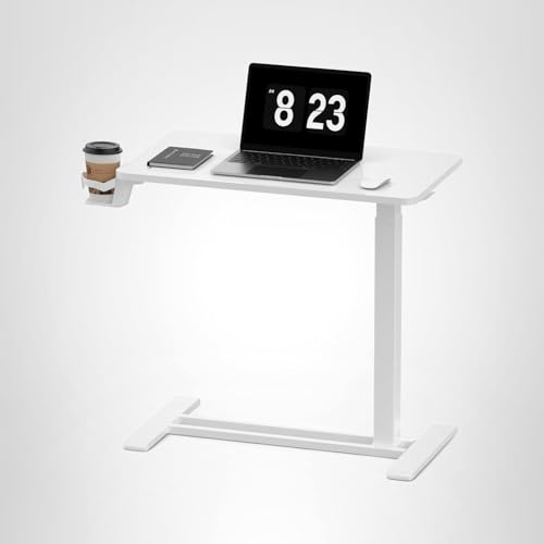 FLEXISPOT H7 Adjustable Overbed Bedside Table with Wheels Pneumatic Mobile Standing Desk Laptop Desk Rolling Computer Cart Movable Overbed Table Hospital Home Use(27.6" W x 15.7" D, White) FLEXISPOT