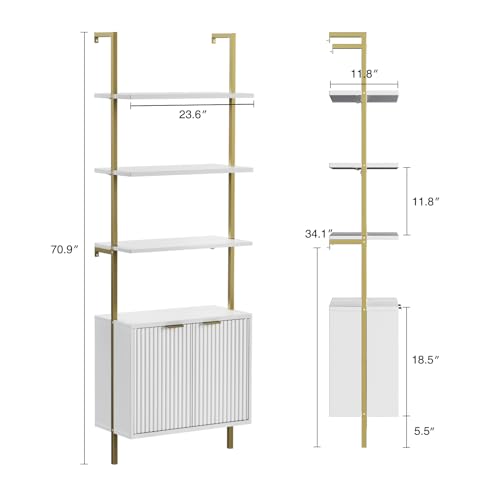 Set of 2 Ladder Bookshelf with Cabinet, 71" Tall Bookcase with Shelves & Storage, Fluted Ladder Shelf with Metal Frame, 6-Tier Display Rack for Living/Bedroom, Home & Office, White & Gold FiveWillowise