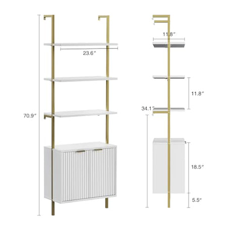 Set of 2 Ladder Bookshelf with Cabinet, 71" Tall Bookcase with Shelves & Storage, Fluted Ladder Shelf with Metal Frame, 6-Tier Display Rack for Living/Bedroom, Home & Office, White & Gold FiveWillowise