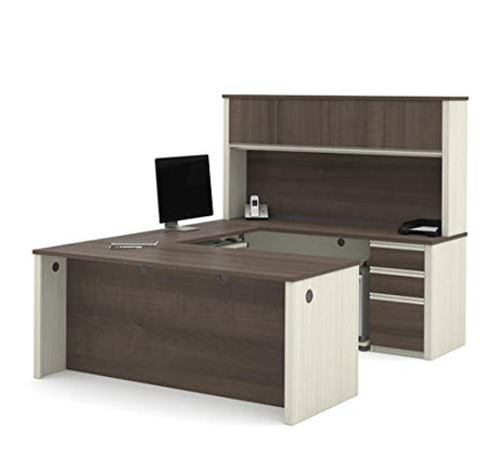 Bestar Prestige + 72W U-Shaped Executive Desk with 2 Pedestals and Hutch in White Chocolate & Antigua Bestar