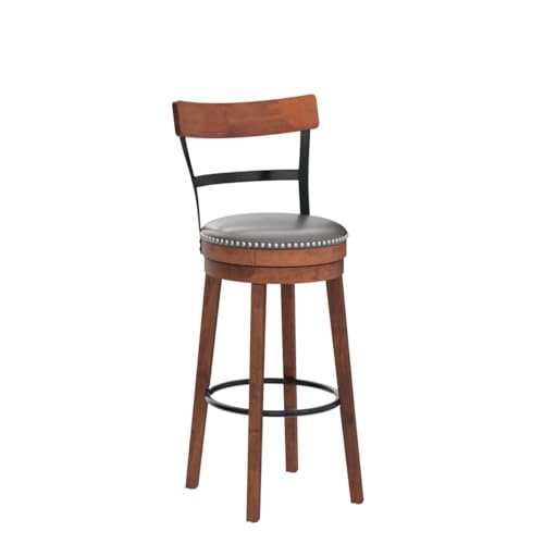 COSTWAY Bar Stools Set of 4, 360-Degree Swivel Stools with Leather Padded Seat, Single Slat Ladder Back & Solid Rubber Wood Legs, Bar Height Stools for Pub, Restaurant, Kitchen, Brown (4, 30.5) COSTWAY