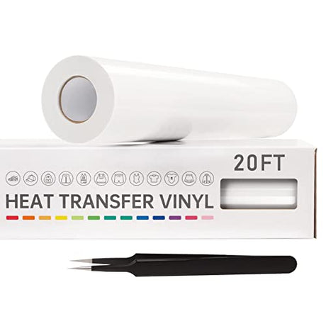 VinylRus Heat Transfer Vinyl-12” x 20ft White Iron on Vinyl Roll for Shirts, HTV Vinyl for Silhouette Cameo, Easy to Cut & Weed VinylRus