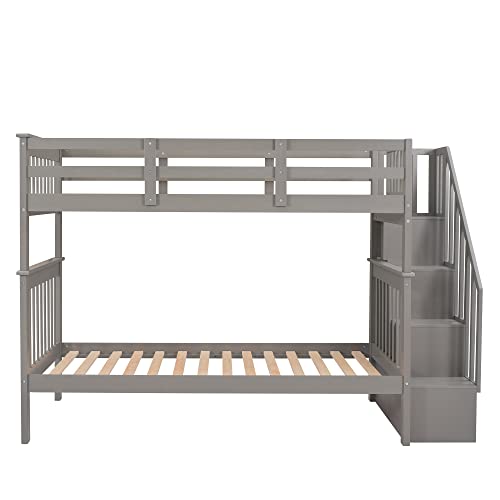 Harper & Bright Designs Twin Over Twin Bunk Bed with Storage Staircase, Wood Bunk Bed with Full-Length Fence Kids, Teens & Adults, Convertible Bunk Beds, Gray Harper & Bright Designs