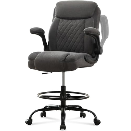 Drafting Chair Tall Office Chair for Standing Desk, Ergonomic Tall Desk Chair with Adjustable Foot Ring, Flip-Up Armrests, Lumbar Support, Comfortable Fabric Seat – Ideal for Home and Office Use MAHOMICO