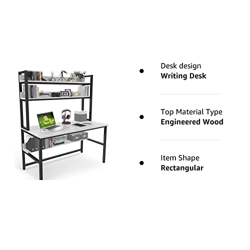 Aquzee 47 Inch White Computer Desk with Hutch and 3-Tier Bookshelf for Home Office - WoodArtSupply