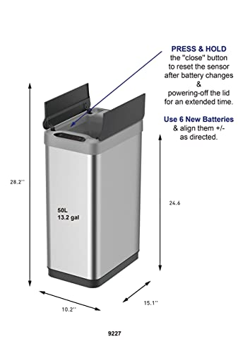 EKO Phantom-T 50 Liter / 13.2 Gallon Vertical Motion Sensor Trash Can, Brushed Stainless Steel Finish EKO