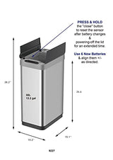 EKO Phantom-T 50 Liter / 13.2 Gallon Vertical Motion Sensor Trash Can, Brushed Stainless Steel Finish EKO