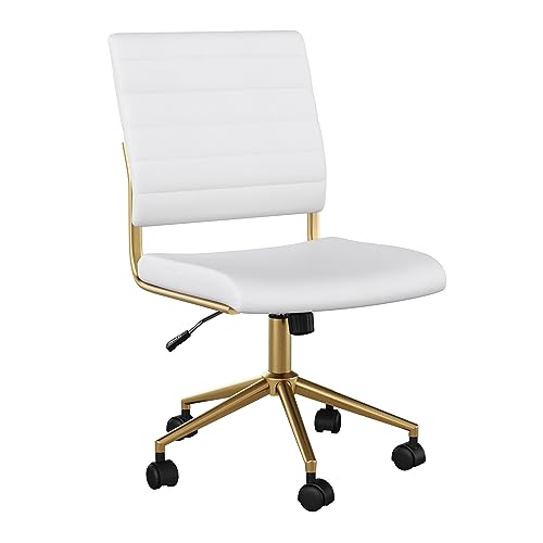 Martha Stewart Ivy Armless Swivel Task Chair for Home Office in White Faux Leather with Polished Brass Frame Martha Stewart