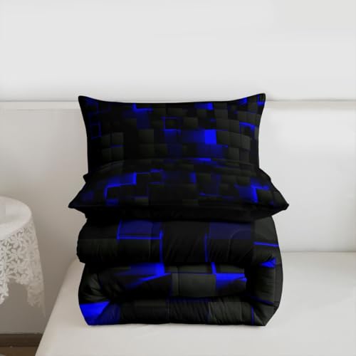 Erosebridal Black Navy Royal Blue Comforter Set Full Neon Geometric Checkered Bedding Set for Teen Boys Gamer Room Decor,Abstract Stereoscopic Grids Quilt Square Plaid Check Bed Set 3 Pcs Erosebridal