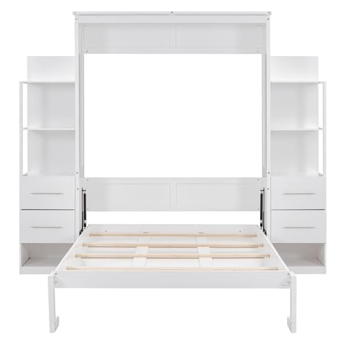 Merax Full Size Murphy Bed with 4 Storage Drawers, Wall Murphy Bed Full with Shelves and LED Lights, No Box Spring Needed, White Merax