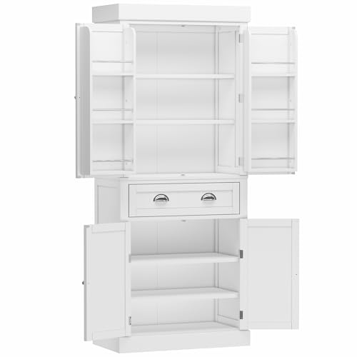 Squireewo 72" Freestanding Kitchen Pantry Storage Cabinet with Doors and 6 Hanging Shelves,Storage Cupboard with Large Drawer for Kitchen,Bathroom or Hallway, White Squireewo