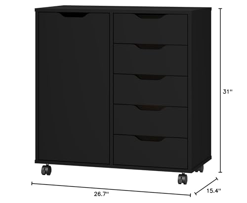 Panana 5-Drawer Chest with 1 Door, Wooden Chest of Drawers Storage Dresser Cabinet with Wheels, Office Organization and Storage, Bedroom Furniture (Black-S)