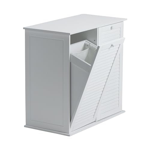 Household Essentials Tilt-Out Laundry Sorter Cabinet with Shutter Front, White, White Wood Shutter Household Essentials