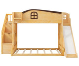 Merax Twin Over Full Bunk Bed with Slide and Staircase, Storage Shelf and Wardrobe, Kids Wood Loft Bunk Bed with House Design Safety Guardrail, Space Saving Kid Bunkbeds, Natural Merax
