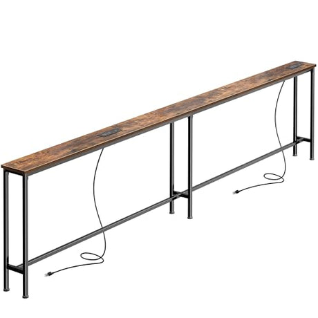 SUPERJARE 102 Inch Sofa Table with 2 Power Outlets and USB-C Ports, 5.9 Inch Narrow Console Table with Storage, Extra-Long, for Entryway Hallway Couch Behind Sofa, Small Spaces, Rustic Brown SUPERJARE