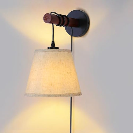 JC TOPA Plug in Wall Sconces, Bedside Wall Lamp with Wood Arm, Fabric Wall Light with On/Off Switch for Bedroom, Living Room, Farmhouse JC TOPA