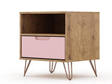 Manhattan Comfort Rockefeller Nightstand with Drawer and Cubby, Mid Century Modern Bedside Table, Minimalist Display and Storage Organizer, Ideal for Bedroom and Living Room, Nature/Rose Pink Manhattan Comfort