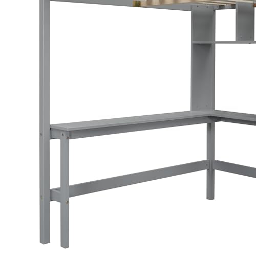 Ball & Cast Full Size Loft Bed with Storage Ladder and Bookshelf,Wooden Bedframe w/Drawers & Wardrobe,Desk,Full-Length Guard Rail,Space Saving,Bedroom Furniture for Student Dorms,Gray Ball & Cast