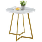 VECELO Round Dining Room Table with Wood Grain Tabletop and Steel Frame, for Kitchen, Living Room, Office, Conference, 2 to 4 Person, White & Gold VECELO