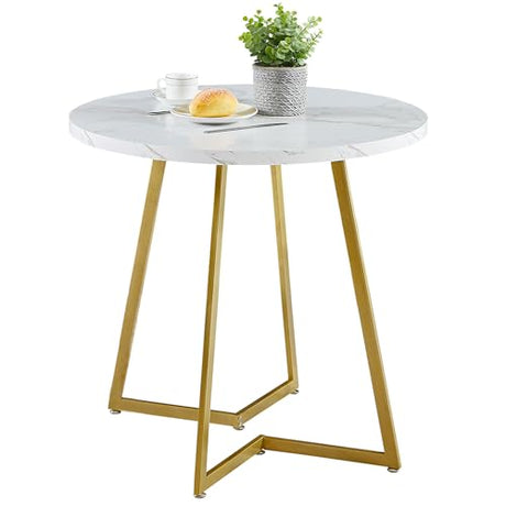 VECELO Round Dining Room Table with Wood Grain Tabletop and Steel Frame, for Kitchen, Living Room, Office, Conference, 2 to 4 Person, White & Gold VECELO