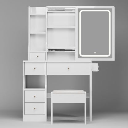 Elevon Small Makeup Vanity Desk with Sliding Mirror and Chair, Vanity Table with 5 Drawers & 4 Shelves Dressing Desk with No Light for Bedroom Furniture, White