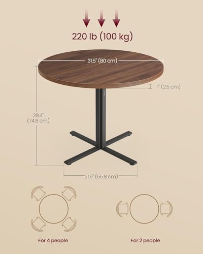 VASAGLE Dining Table, Small Round Kitchen Table for 4 People, 31.5 x 29.4 Inches, for Dining Room, Living Room, Farmhouse, Water-Resistant, Somber Walnut UKDT082K01V1 VASAGLE