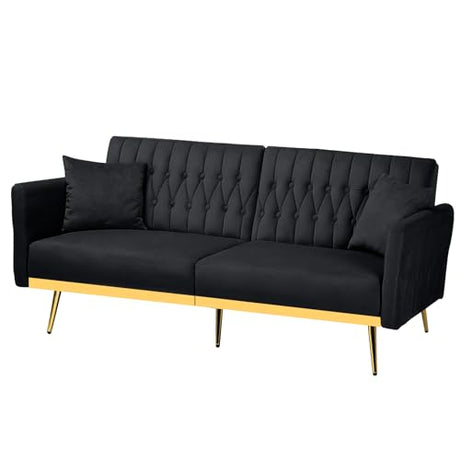 ACMEASE 70” Velvet Futon Sofa Bed with 2 Pillows and Adjustable Armrests, Convertible Sleeper Bed W/Adjustable Backrests, Modern Loveseat for Living Room, Bedroom, Black ACMEASE