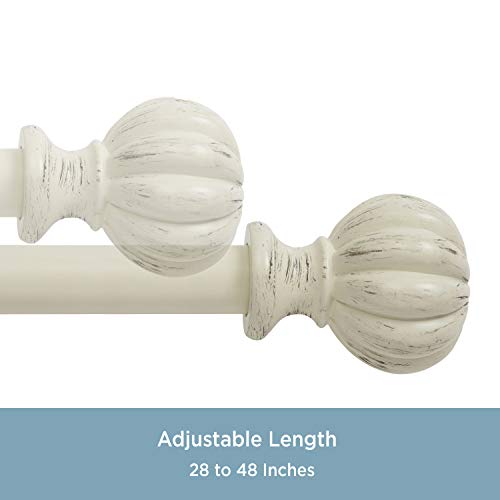 Kenney KN71604 Rachel Fluted Knob End Standard Decorative Window Curtain Rod, 28-48" Adjustable Length, Antique White Finish, 5/8" Diameter Steel Tube