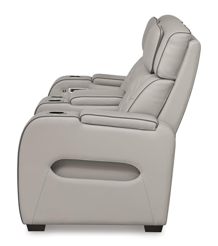 Signature Design by Ashley Boyington Contemporary Leather Match Power Reclining Loveseat with Console and USB Charging Ports, LED Lights and Adjustable Headrest, Light Gray Signature Design by Ashley