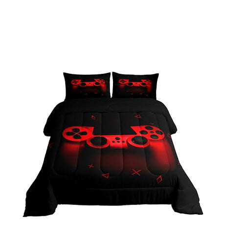 Boys Gamer Comforter Set Queen Size,Gamepad Bedding Set Kids Young Man Video Games Down Comforter for Teen Child Game Room Decor Black Red Classic Retro Gaming Quilted Duvet Set with Pillowcase Erosebridal