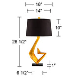 Possini Euro Design Zeus Mid Century Modern Glam Luxury Table Lamp 28.5" Tall Sculptural Gold Leaf Metal Black Fabric Tapered Drum Shade Decor for Living Room Bedroom House Bedside Nightstand Home Possini Euro Design