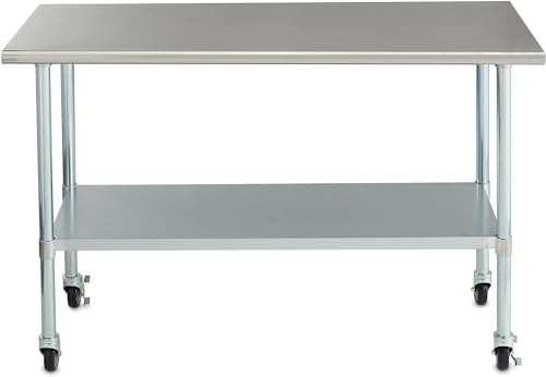 ROCKPOINT Stainless Steel Table for Prep & Work with Caster Wheels 60x24 Inches, NSF Metal Commercial Kitchen Table with Adjustable Under Shelf and ROCKPOINT