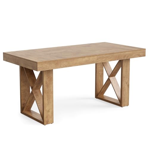 LITTLE TREE 63-Inch Rectangle Dining Table for 4-6 People, Farmhouse Thick Appearance Design, Rectangular Kitchen Dinner Table for Home, Rustic Yellowish Brown LITTLE TREE