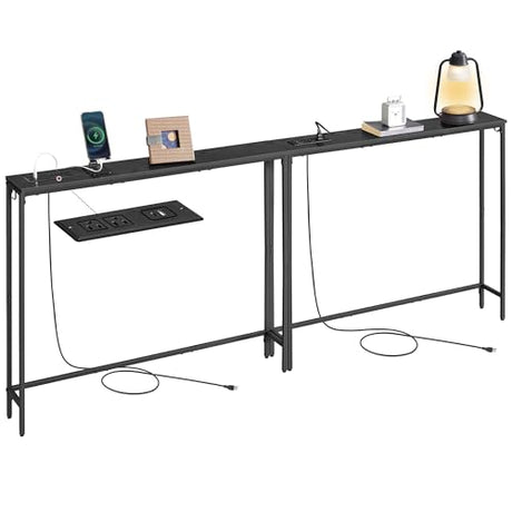 VASAGLE Set of 2 Console Tables with Power Outlets, Slim Behind Couch Sofa Tables, 5.9 x 39.4 x 31.5 Inches, 2 Hooks, Easy Assembly, for Entryway, Living Room, Ebony Black and Ink Black ULNT078B01 VASAGLE