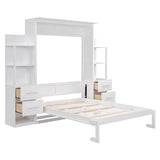 Ball & Cast Murphy Bed Full Size,Wall Bed with Shelves,can be Folded,Wood Cabinet Hideaway Bed Frame W/Drawers and LED Lights,Slat Support,for Kids Bedroom,Student,White Ball & Cast
