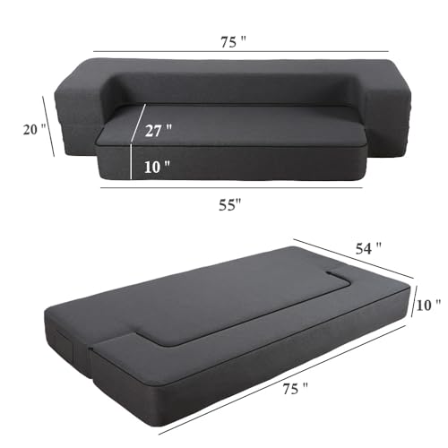 HonTop 10 Inch Modern Folding Sofa Bed Couch Memory Foam Couch Full Futon Sofa Sleeper Chair for Living Room Guest Mattress, Dark Grey HonTop