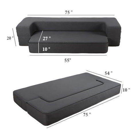 HonTop 10 Inch Modern Folding Sofa Bed Couch Memory Foam Couch Full Futon Sofa Sleeper Chair for Living Room Guest Mattress, Dark Grey HonTop