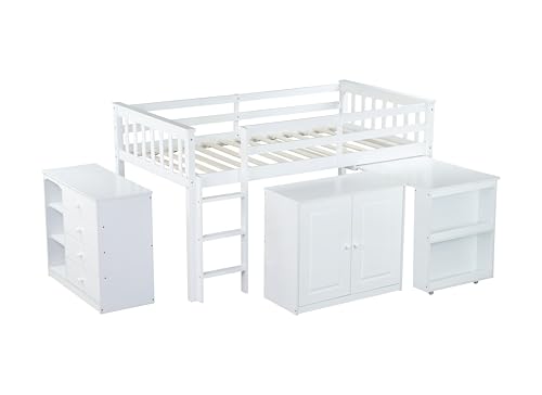 VilroCaz Twin Size Low Loft Bed with Pulling-Out Desk and Storage Cabinets, Multiple Functions Wooden Loft Bed Frame with Storage Shelves and Drawers for Kids Teens Boys Girls (White-1.16) VilroCaz